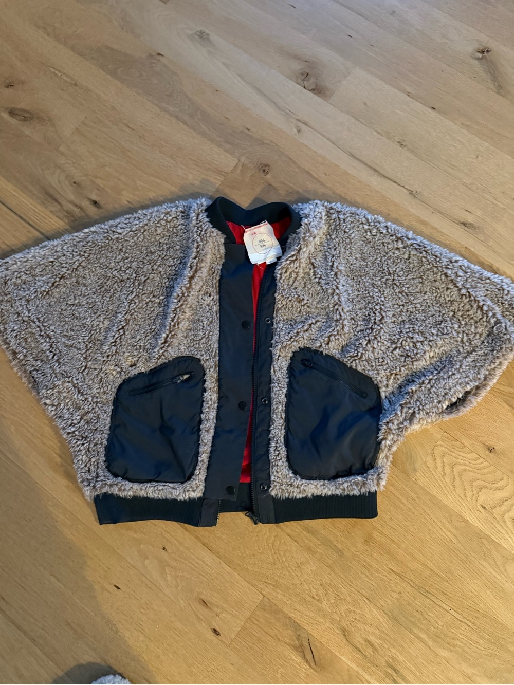 Anthropologie Taupe Teddy Jacket with Navy Trim